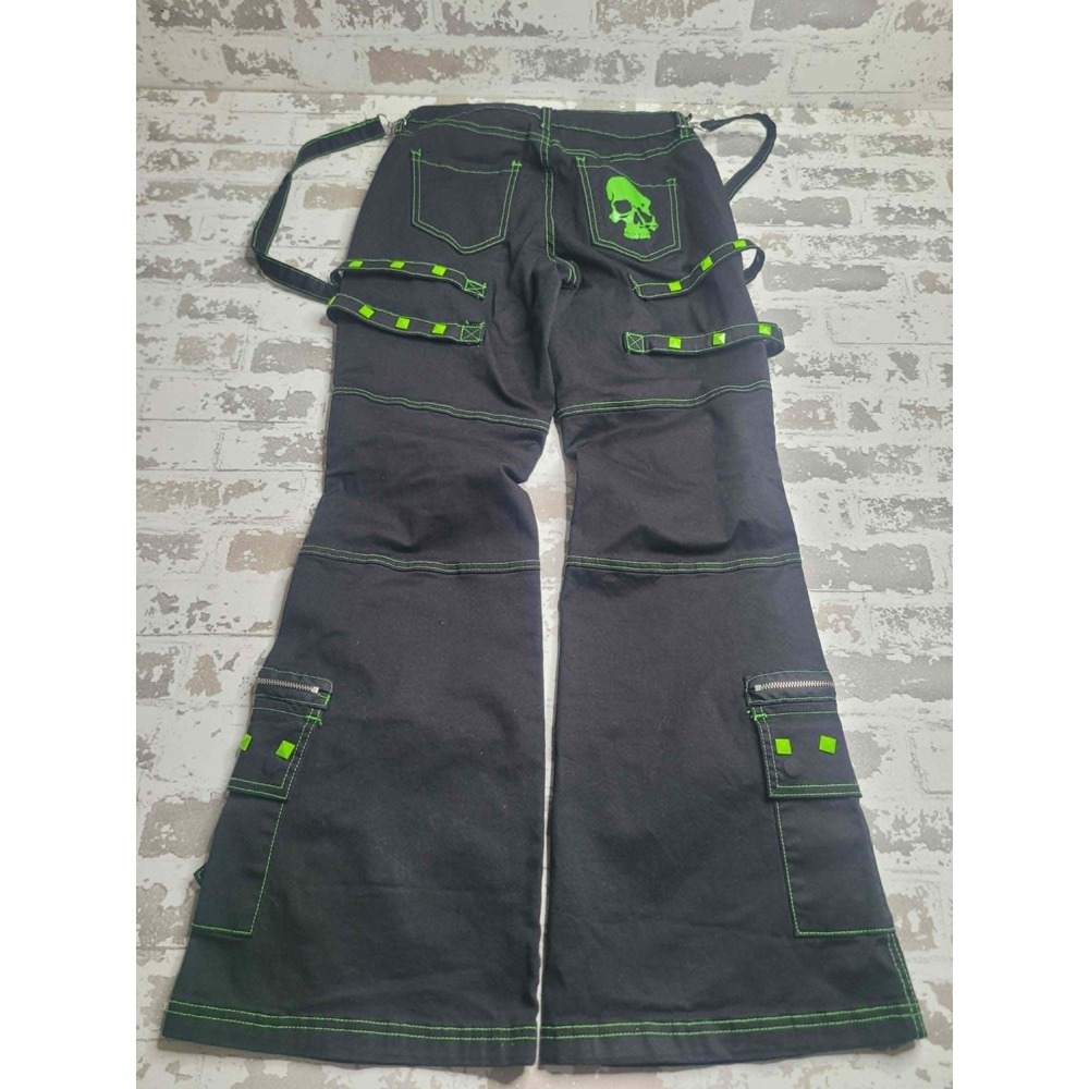 Hot Topic Black and Green Skull Stud Strap Flare Pants Junior's Size 9 Goth Punk - Picture 2 of 9